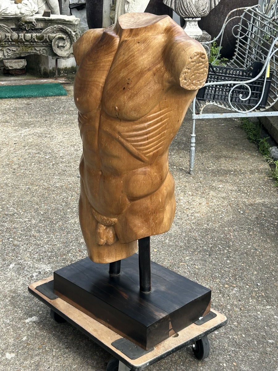 Grand torse buste en bois sculpté dans le goût de l’antique - taille direct vers 1960-70-photo-6