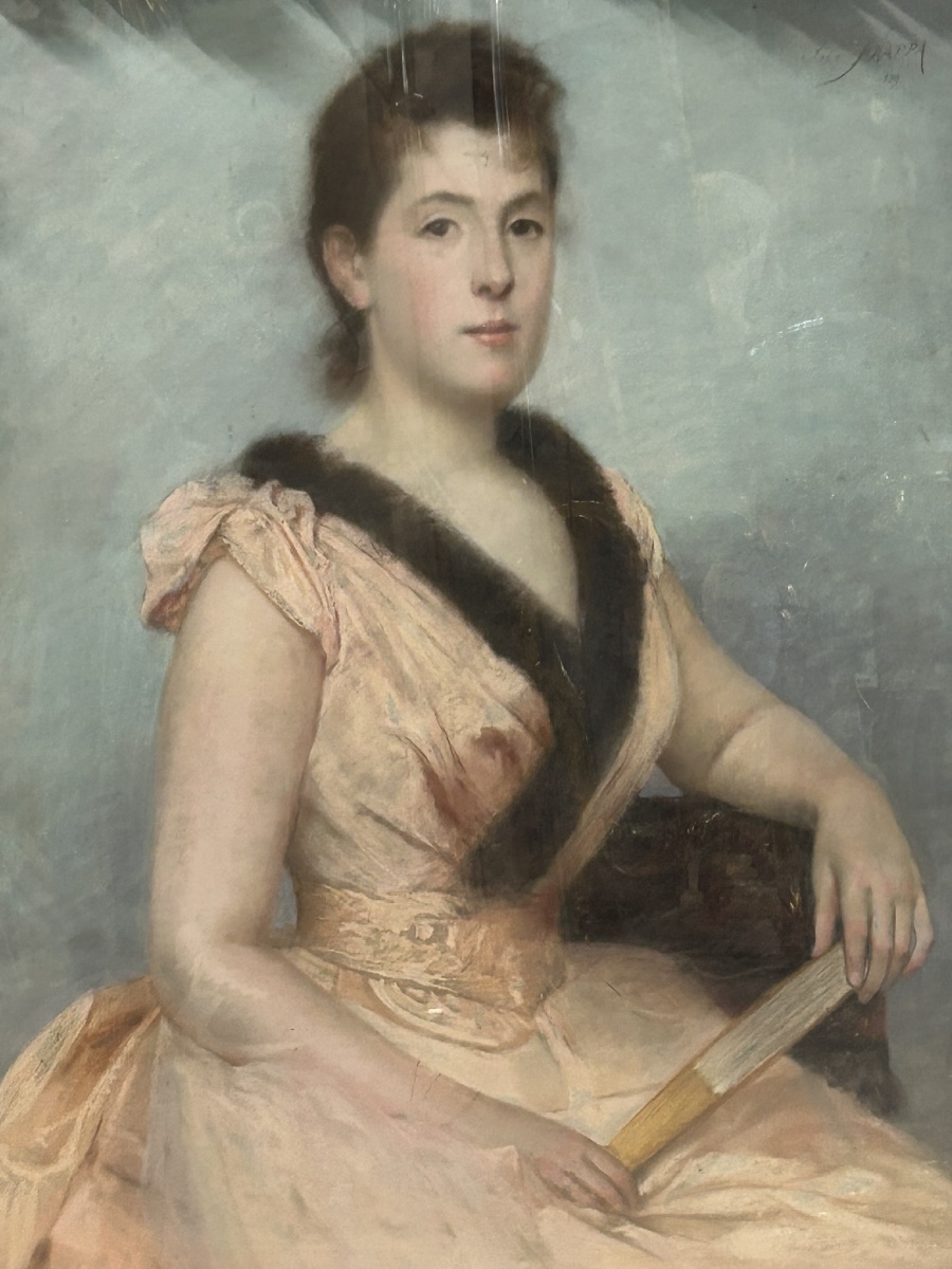 Josè FRAPPA (1854-1904) Pastel - jeune femme à l’éventail - portrait daté 1889-photo-2