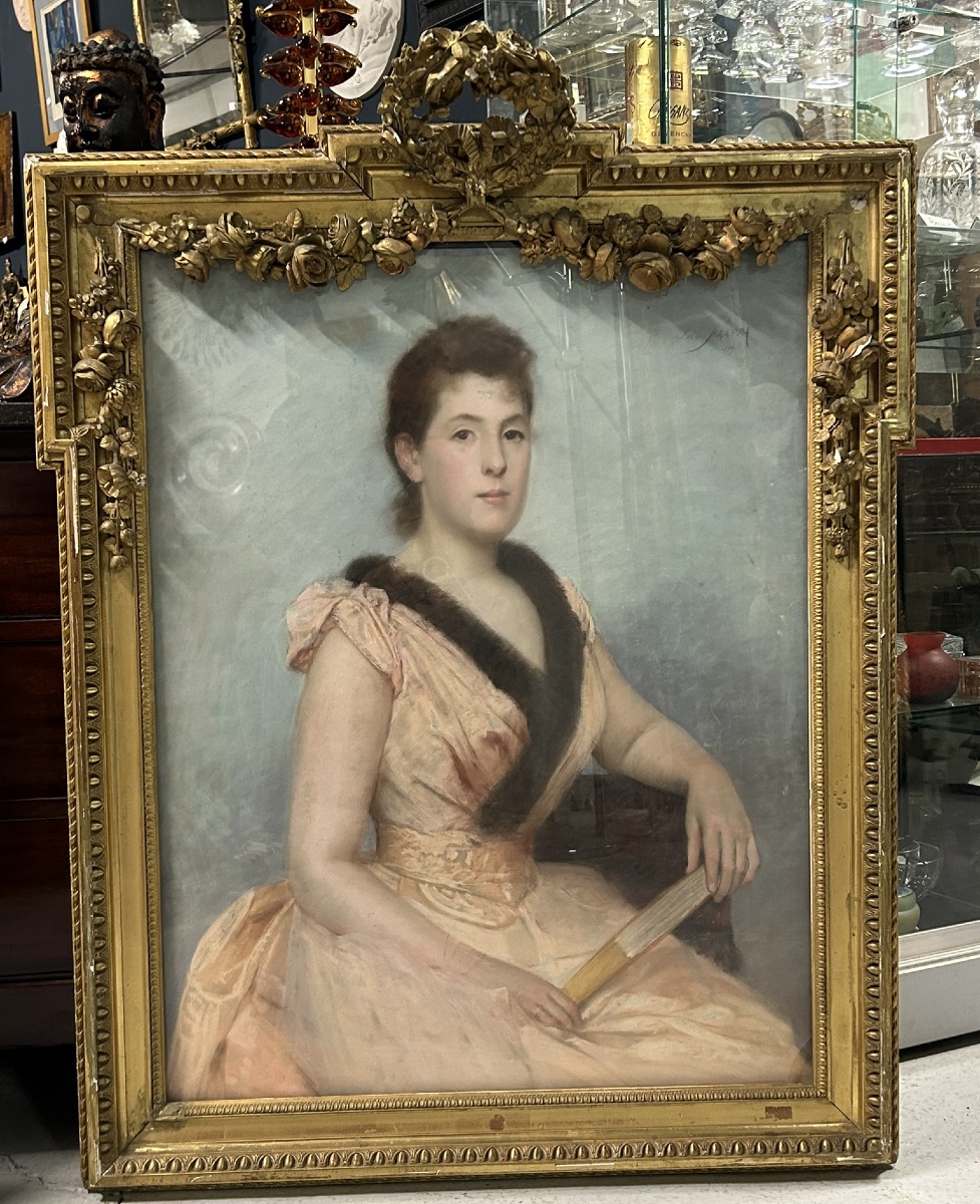 Josè FRAPPA (1854-1904) Pastel - jeune femme à l’éventail - portrait daté 1889-photo-3
