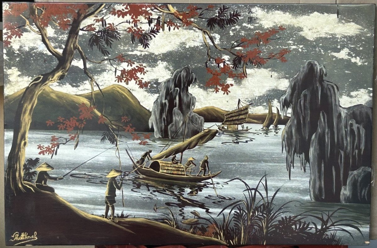 Panneau en laque du Vietnam signé PHATTHANH vers 1950 - Vietnamien - Indochine 
