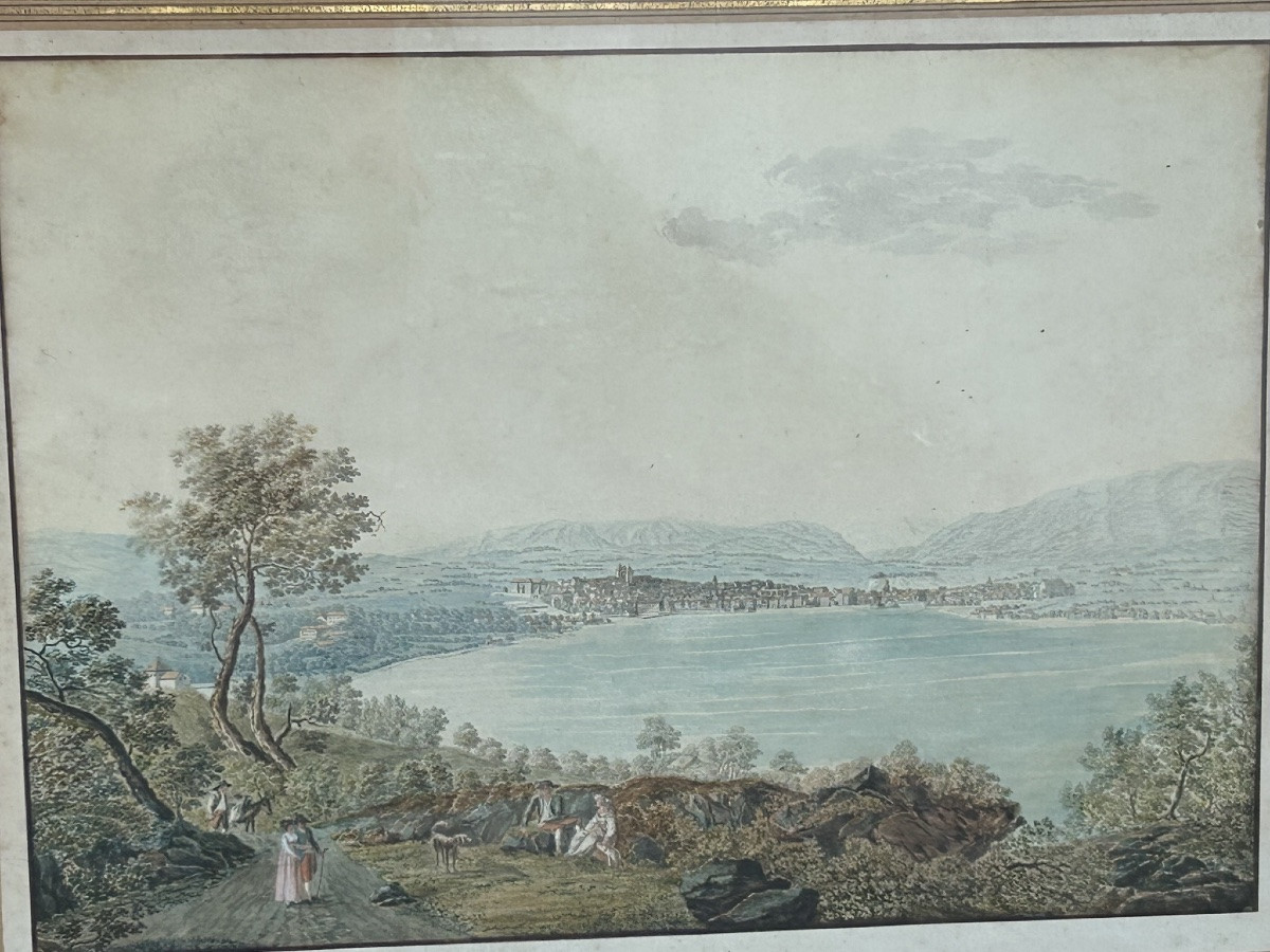 Vue d’un lac suisse ancien dessin et aquarelle époque fin XVIIIème ou début XIXéme H 53 x 67 cm-photo-2