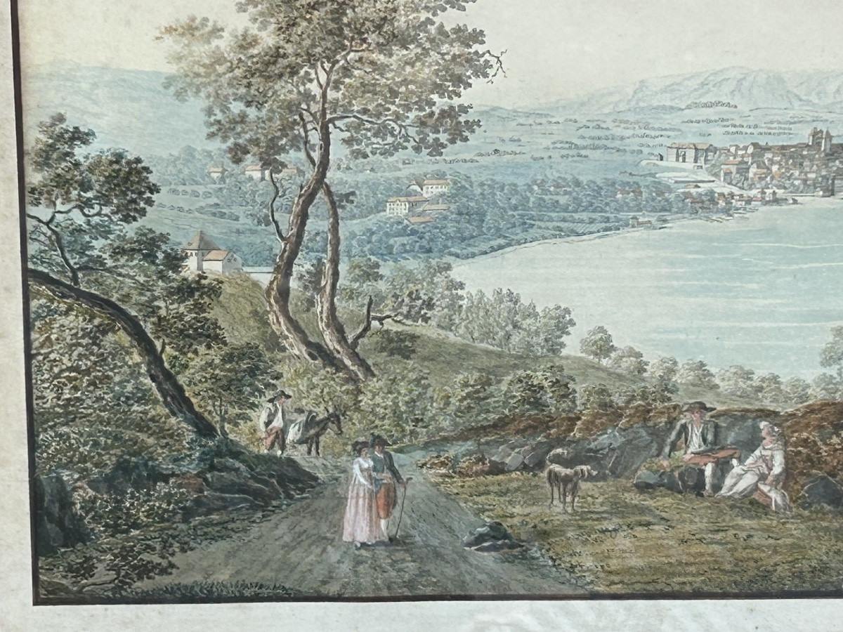 Vue d’un lac suisse ancien dessin et aquarelle époque fin XVIIIème ou début XIXéme H 53 x 67 cm-photo-3