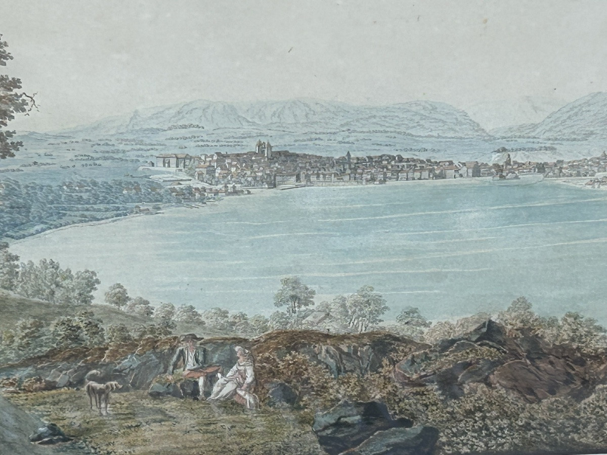 Vue d’un lac suisse ancien dessin et aquarelle époque fin XVIIIème ou début XIXéme H 53 x 67 cm-photo-4
