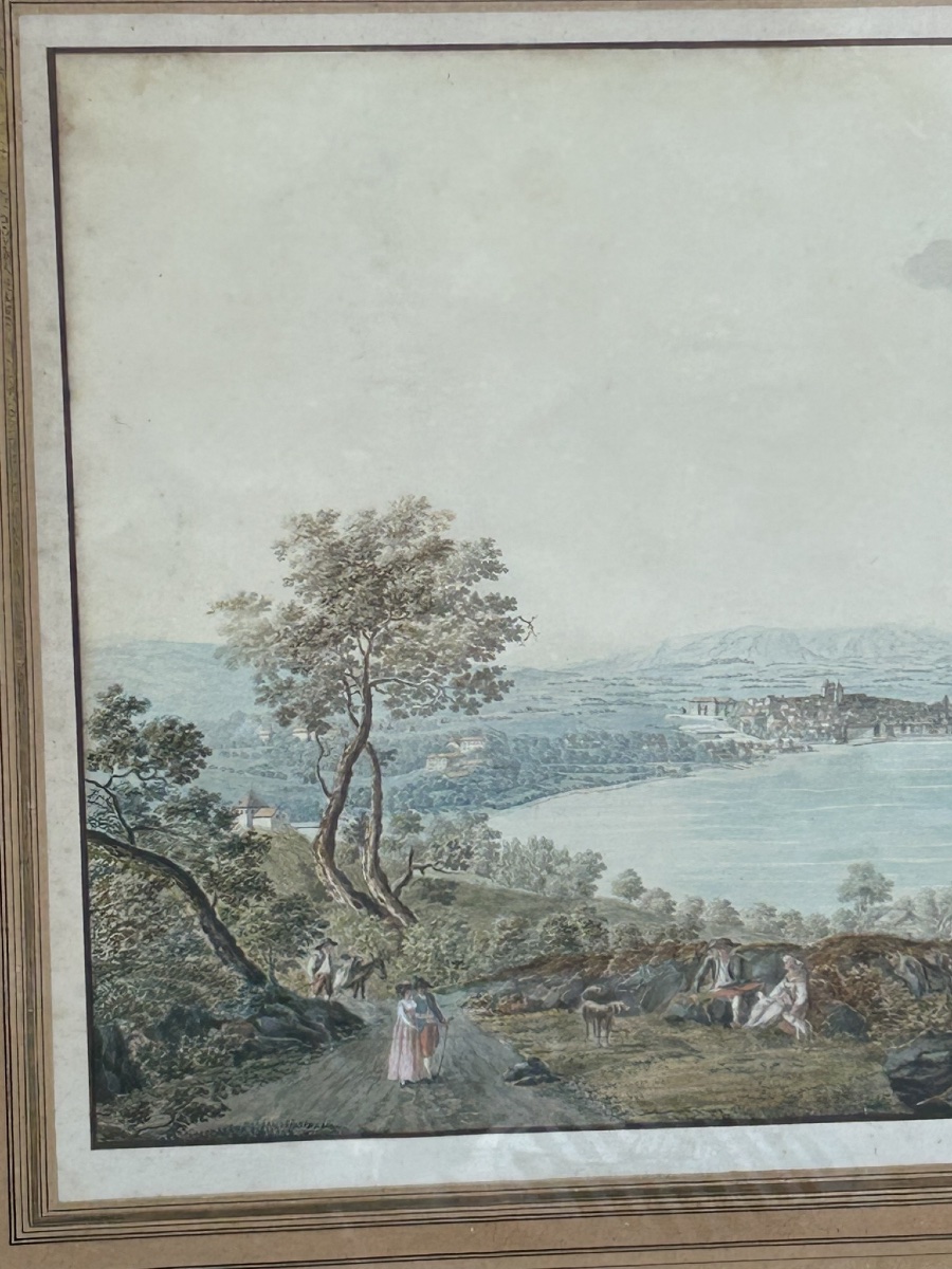 Vue d’un lac suisse ancien dessin et aquarelle époque fin XVIIIème ou début XIXéme H 53 x 67 cm-photo-1