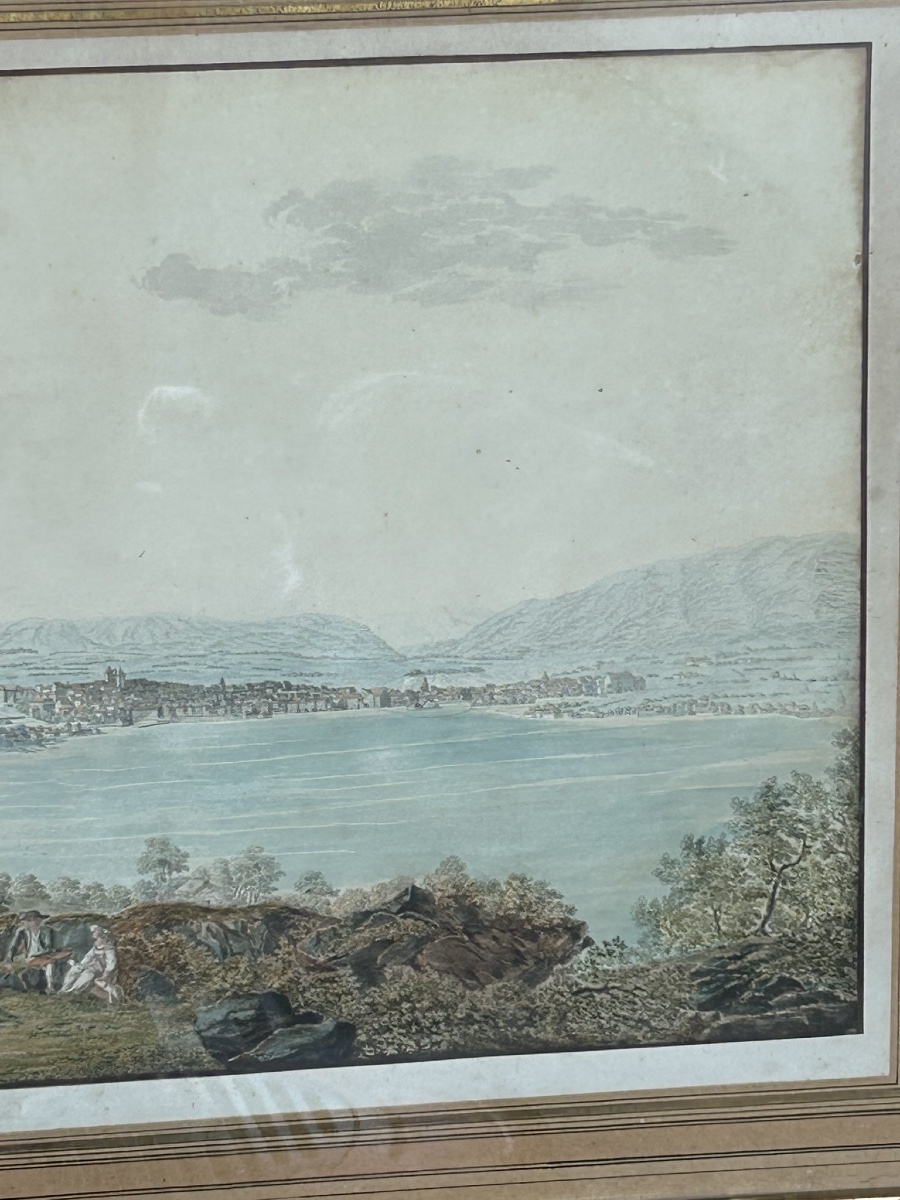 Vue d’un lac suisse ancien dessin et aquarelle époque fin XVIIIème ou début XIXéme H 53 x 67 cm-photo-2