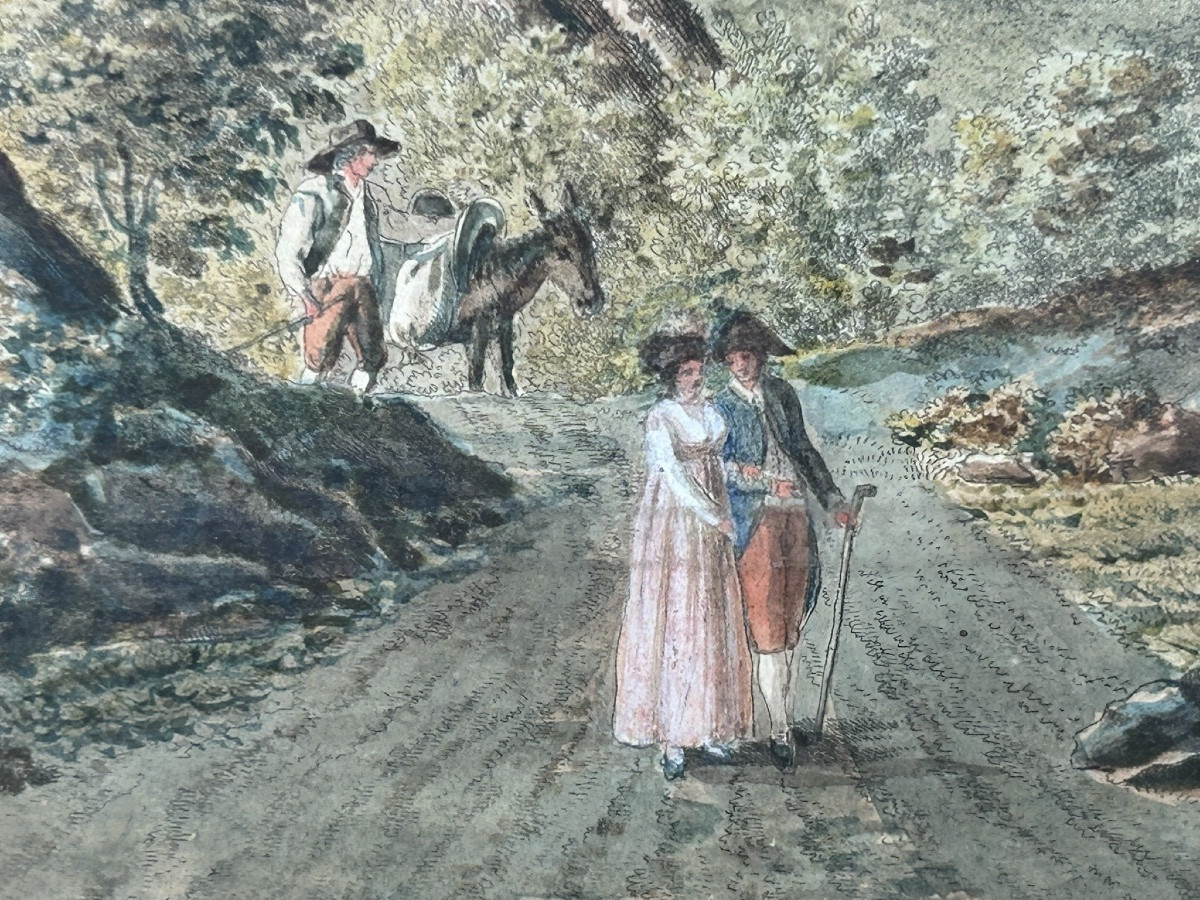 Vue d’un lac suisse ancien dessin et aquarelle époque fin XVIIIème ou début XIXéme H 53 x 67 cm-photo-4