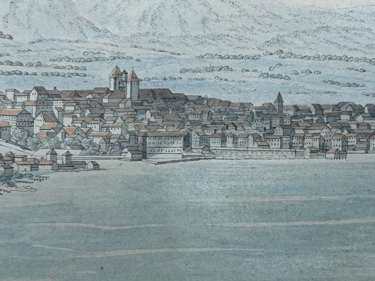 Vue d’un lac suisse ancien dessin et aquarelle époque fin XVIIIème ou début XIXéme H 53 x 67 cm-photo-5