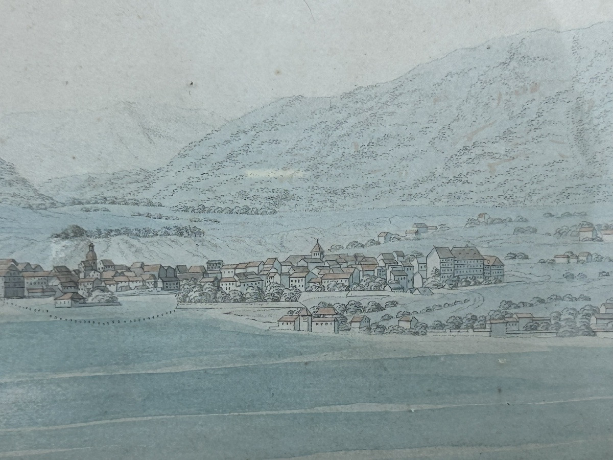 Vue d’un lac suisse ancien dessin et aquarelle époque fin XVIIIème ou début XIXéme H 53 x 67 cm-photo-6
