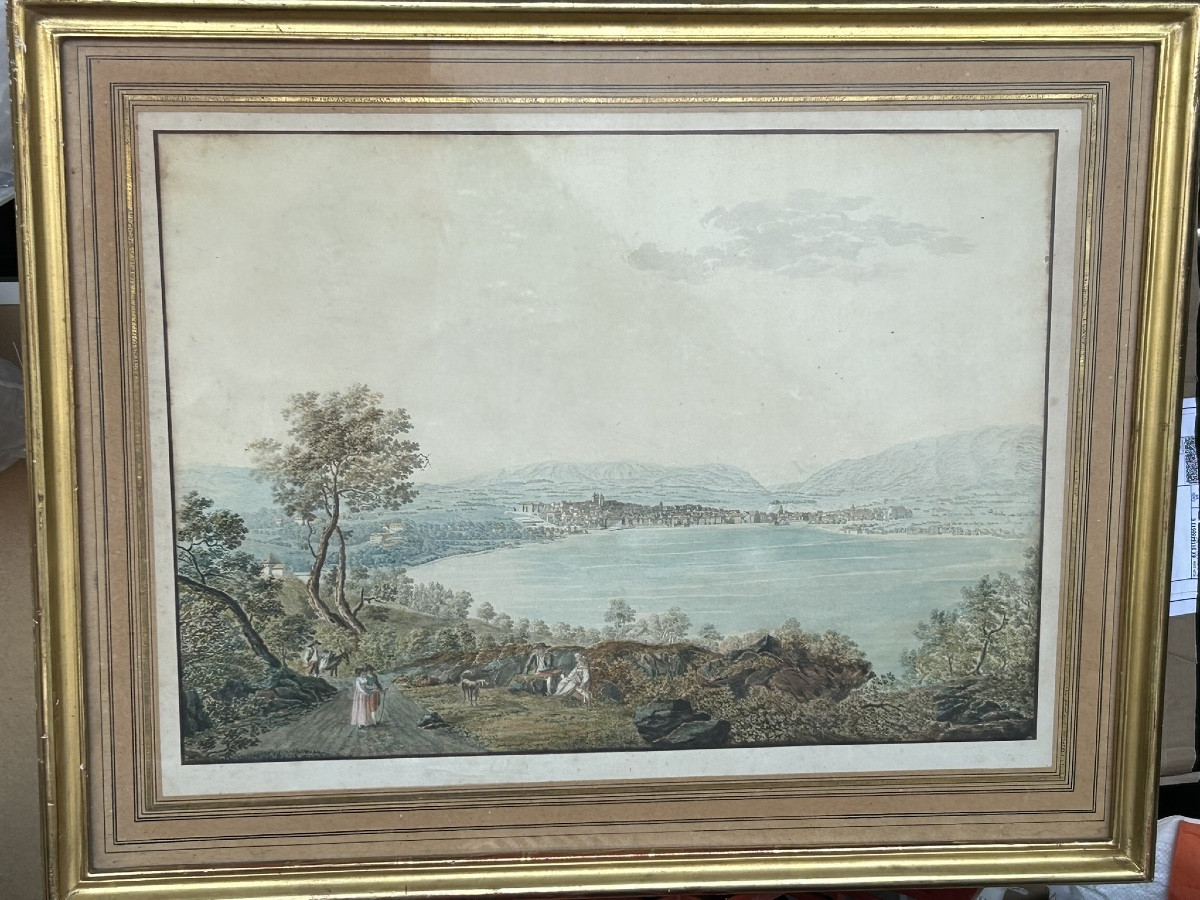 Vue d’un lac suisse ancien dessin et aquarelle époque fin XVIIIème ou début XIXéme H 53 x 67 cm
