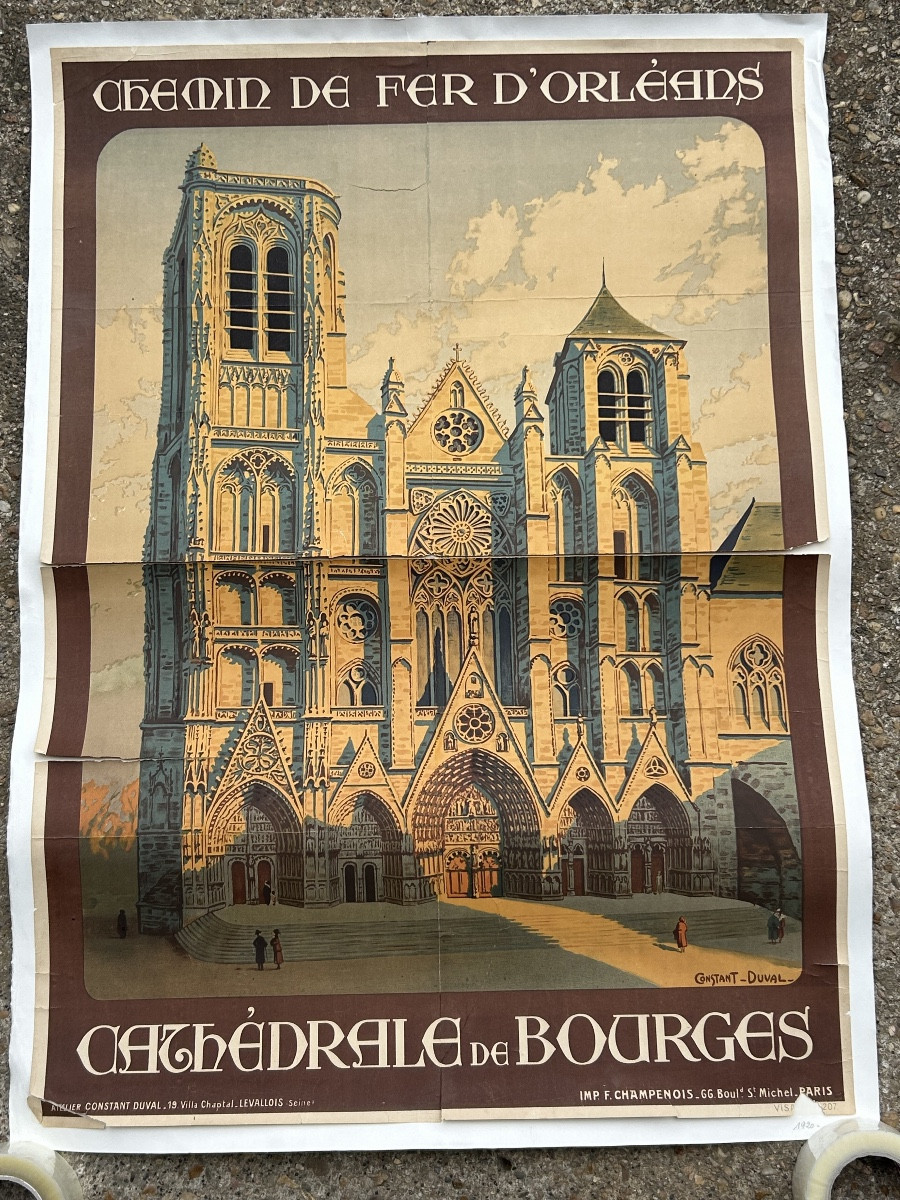 Ancienne affiche de voyage de Constant Duval  Chemin de fer d’Orleans Cathédrale de Bourges  