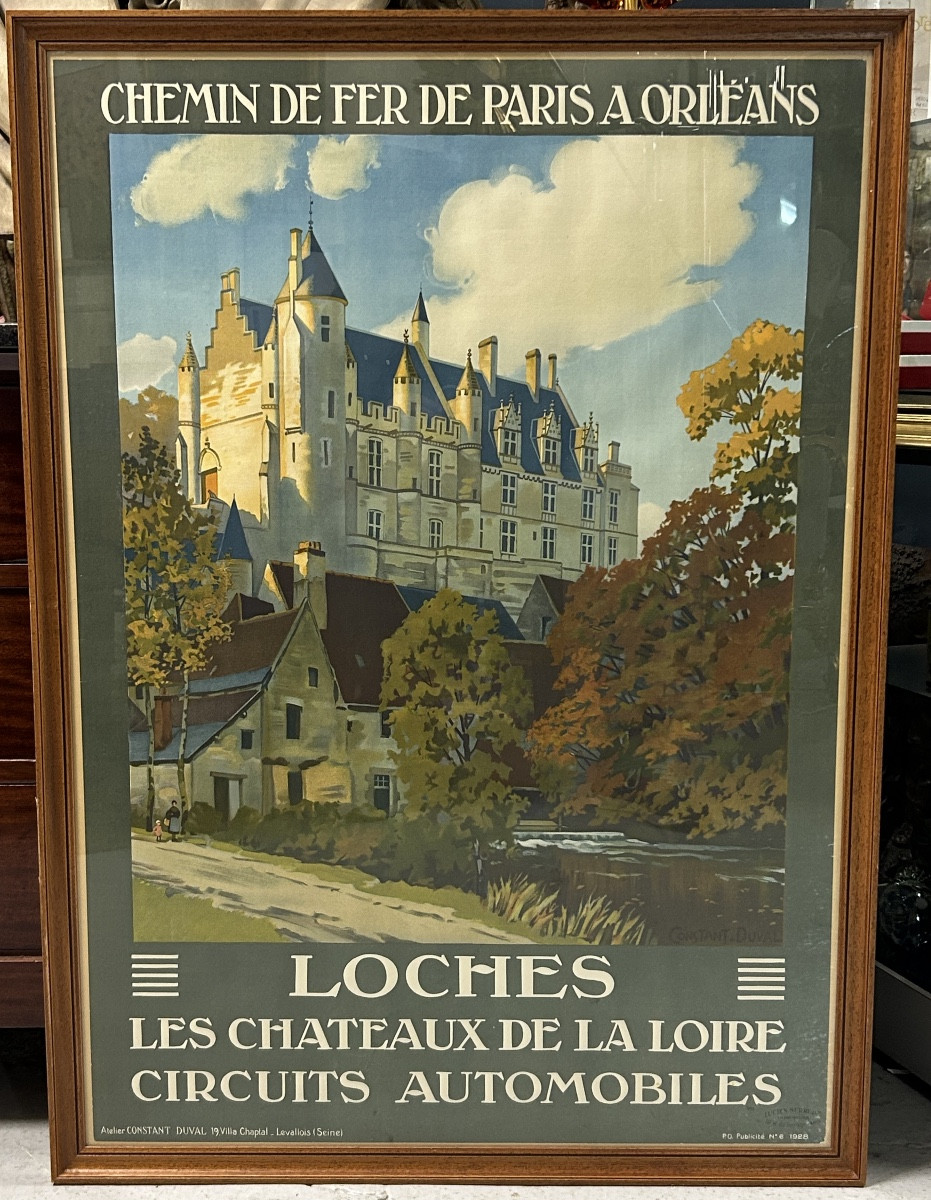 Ancienne affiche de voyage de Constant Duval Chemin de fer de Paris Orleans Loches circuit auto