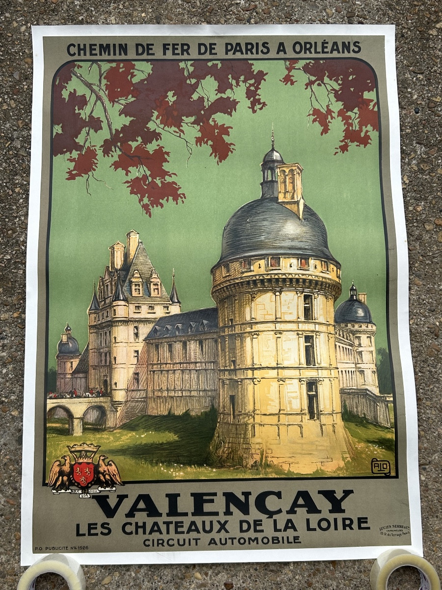 Affiche ancienne originale Château de la Loire chemin de fer Paris Orleans VALENÇAY - ALO 