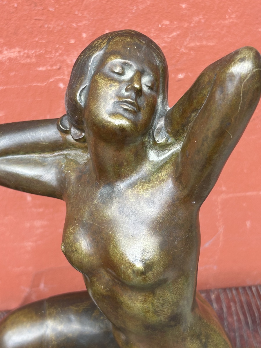 Alexandre Ouline ( Active 1918-1940) Nude Crouching Woman Art Deco Bronze Signed And Dated 1929-photo-2