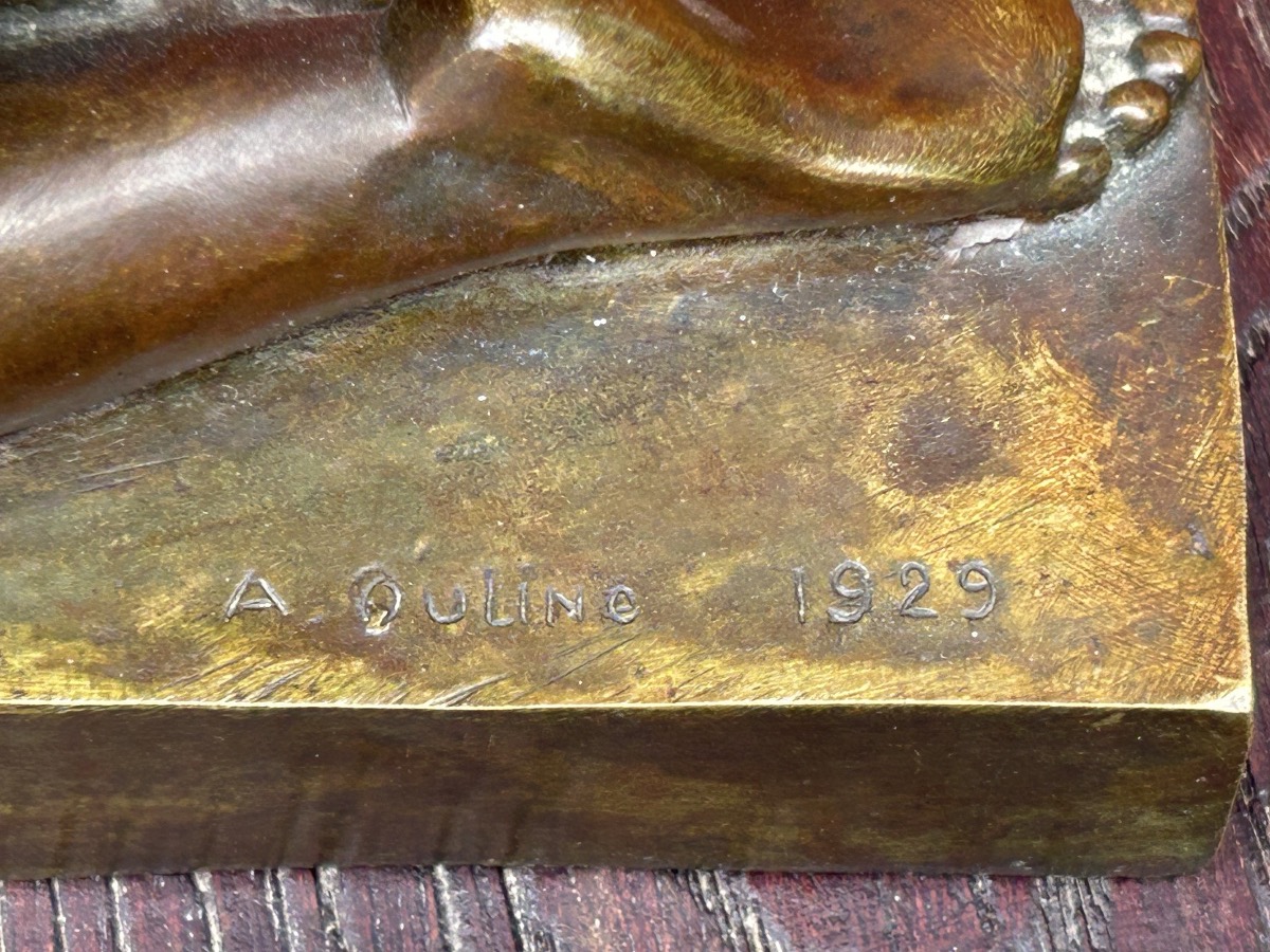 Alexandre Ouline ( Active 1918-1940) Nude Crouching Woman Art Deco Bronze Signed And Dated 1929-photo-1