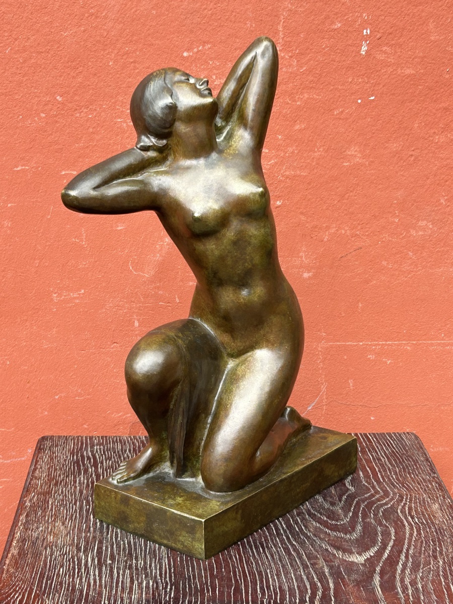 Alexandre Ouline ( Active 1918-1940) Nude Crouching Woman Art Deco Bronze Signed And Dated 1929-photo-2