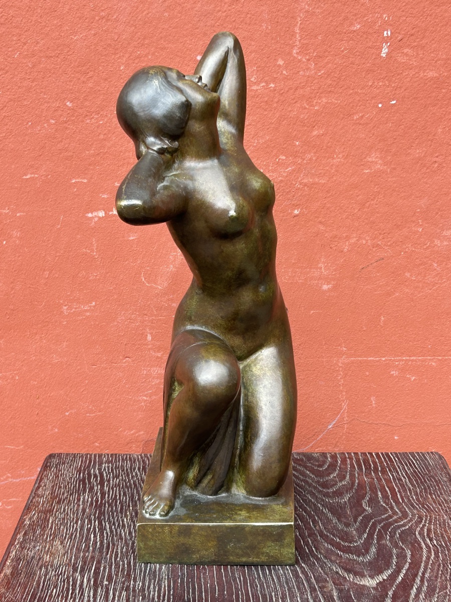Alexandre Ouline ( Active 1918-1940) Nude Crouching Woman Art Deco Bronze Signed And Dated 1929-photo-3