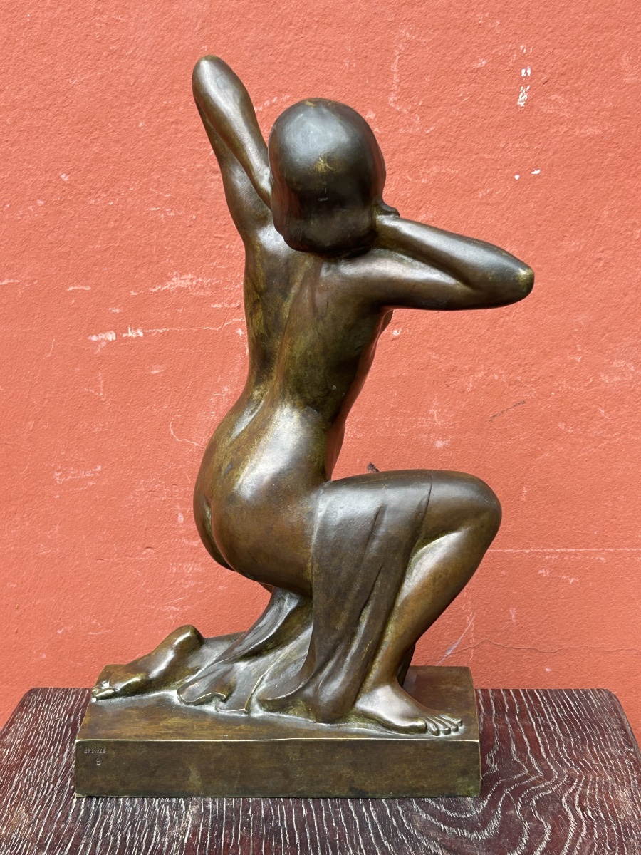 Alexandre Ouline ( Active 1918-1940) Nude Crouching Woman Art Deco Bronze Signed And Dated 1929-photo-4