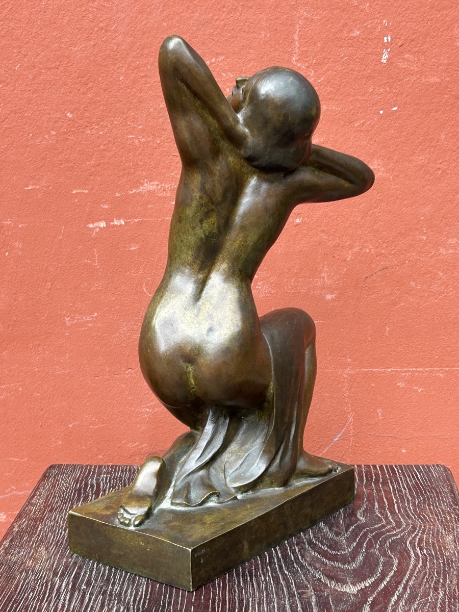 Alexandre Ouline ( Active 1918-1940) Nude Crouching Woman Art Deco Bronze Signed And Dated 1929-photo-5