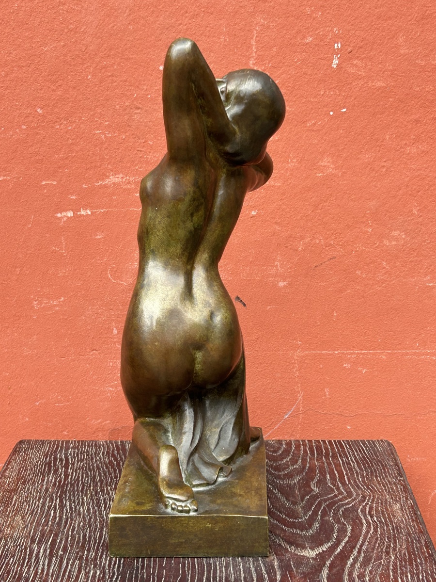 Alexandre Ouline ( Active 1918-1940) Nude Crouching Woman Art Deco Bronze Signed And Dated 1929-photo-6