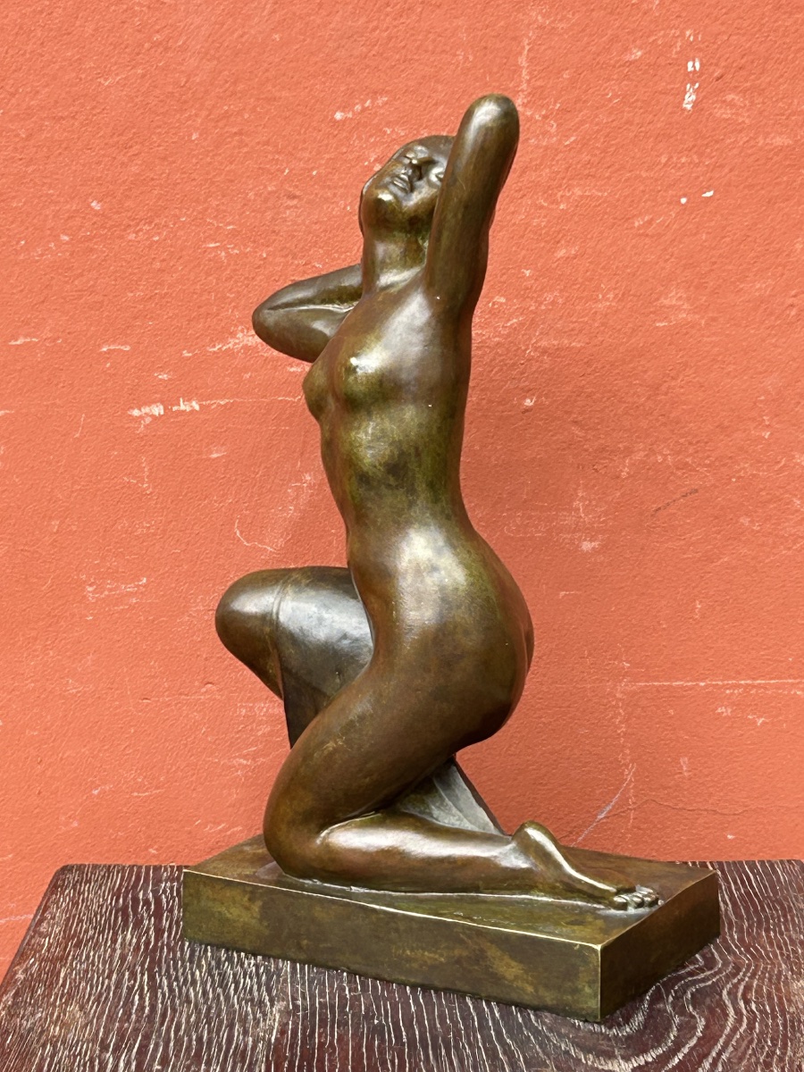 Alexandre Ouline ( Active 1918-1940) Nude Crouching Woman Art Deco Bronze Signed And Dated 1929-photo-7