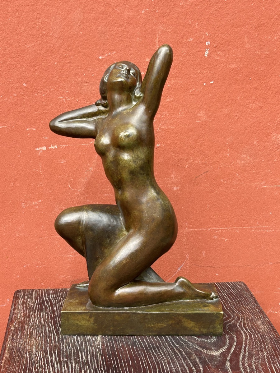Alexandre Ouline ( Active 1918-1940) Nude Crouching Woman Art Deco Bronze Signed And Dated 1929