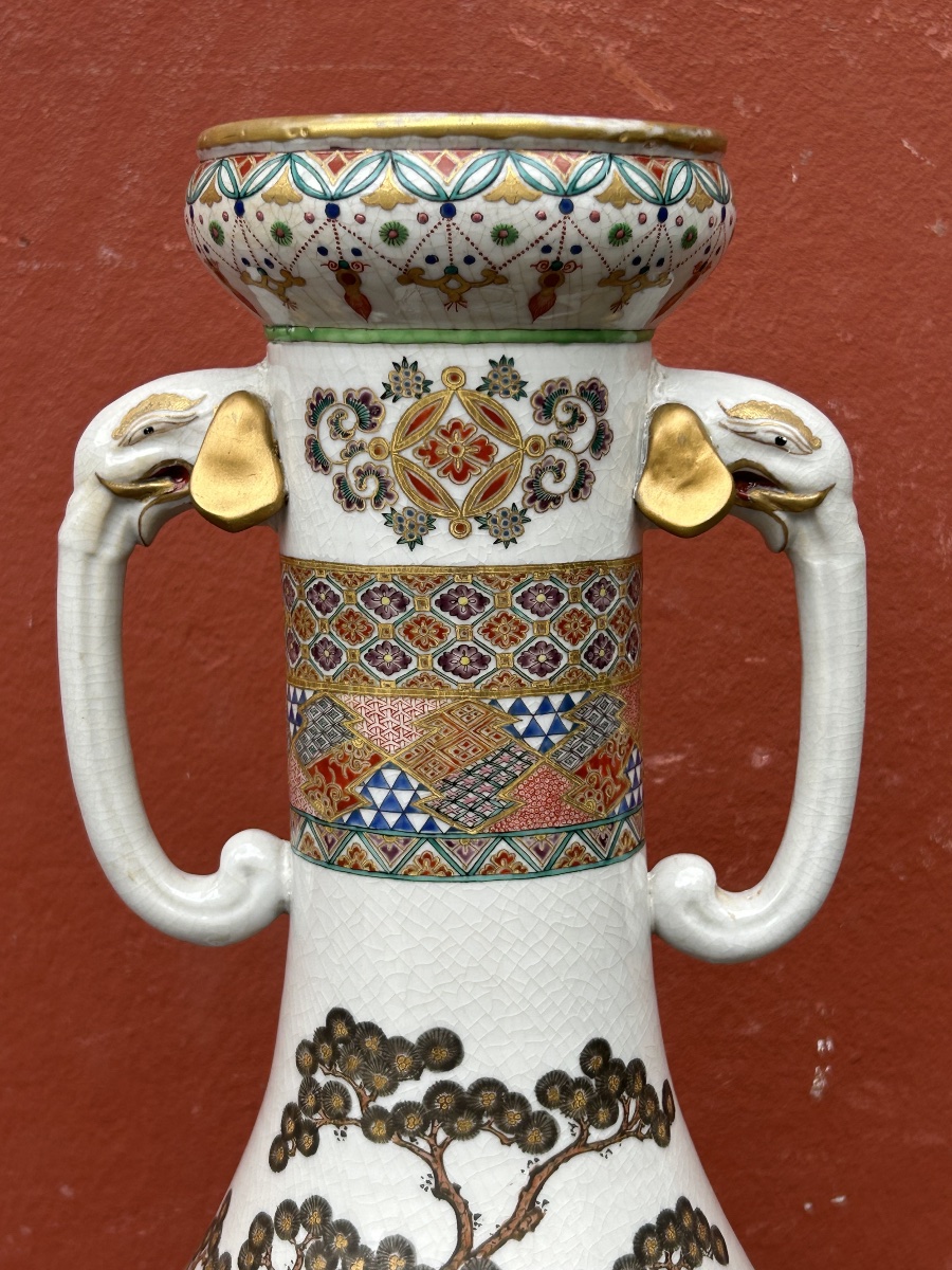Large Late 19th Century Japanese Polychrome Porcelain Vase H 64 Cm-photo-3