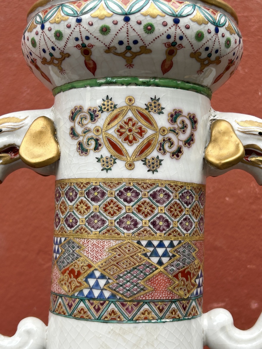 Large Late 19th Century Japanese Polychrome Porcelain Vase H 64 Cm-photo-6