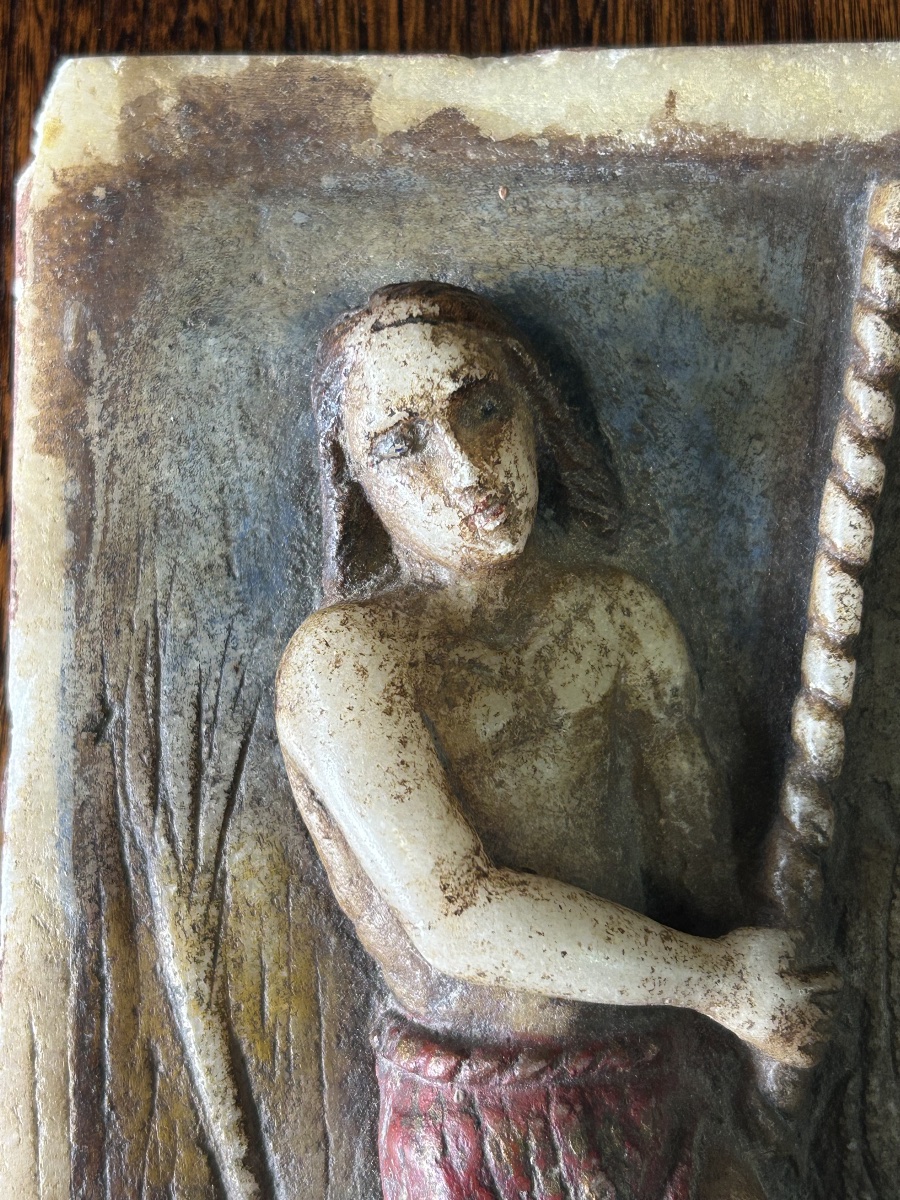 Ancienne plaque en albâtre polychrome d’époque XVIIème Saint Jean Baptiste - religion -photo-2