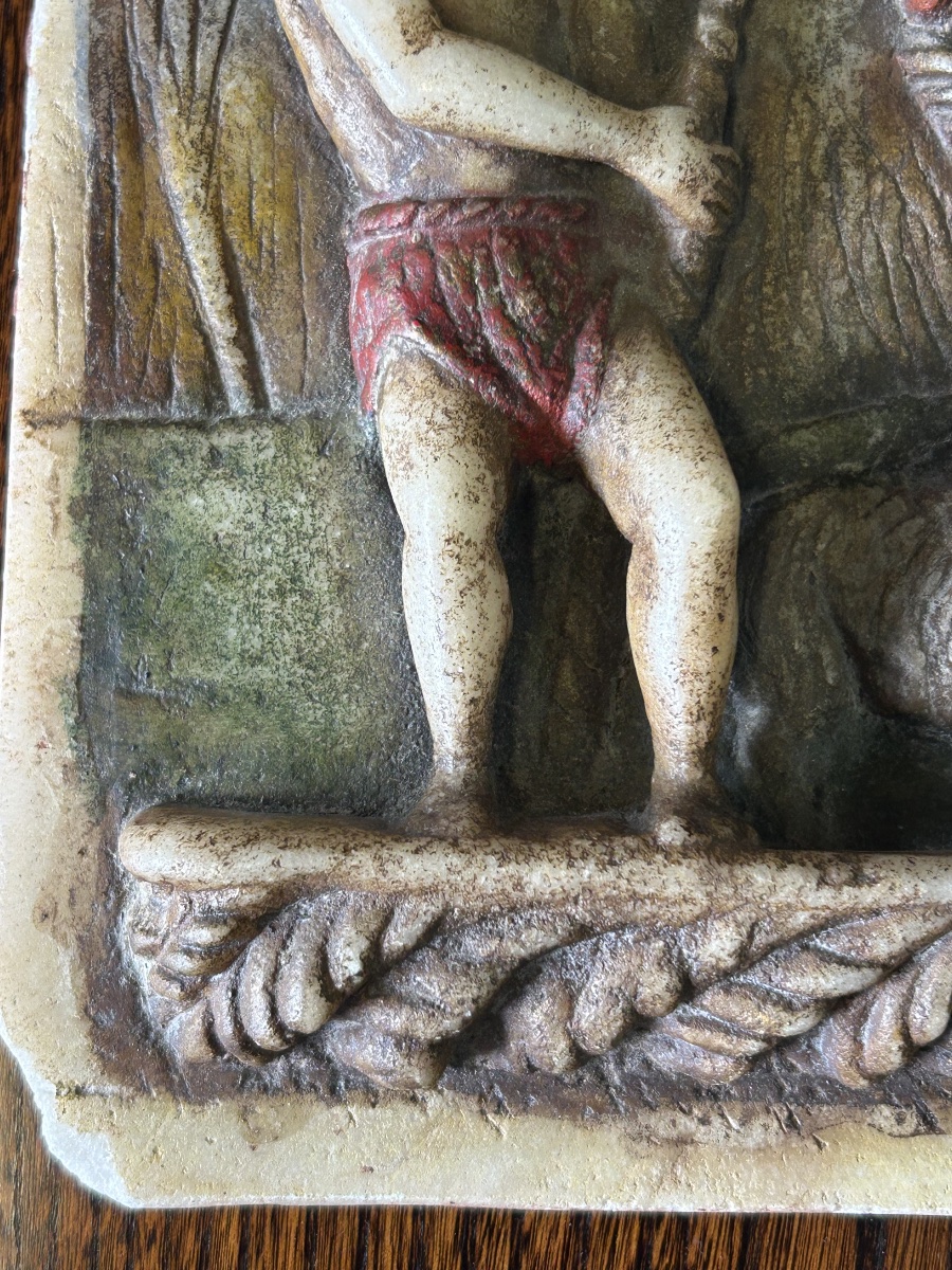 Ancienne plaque en albâtre polychrome d’époque XVIIème Saint Jean Baptiste - religion -photo-1