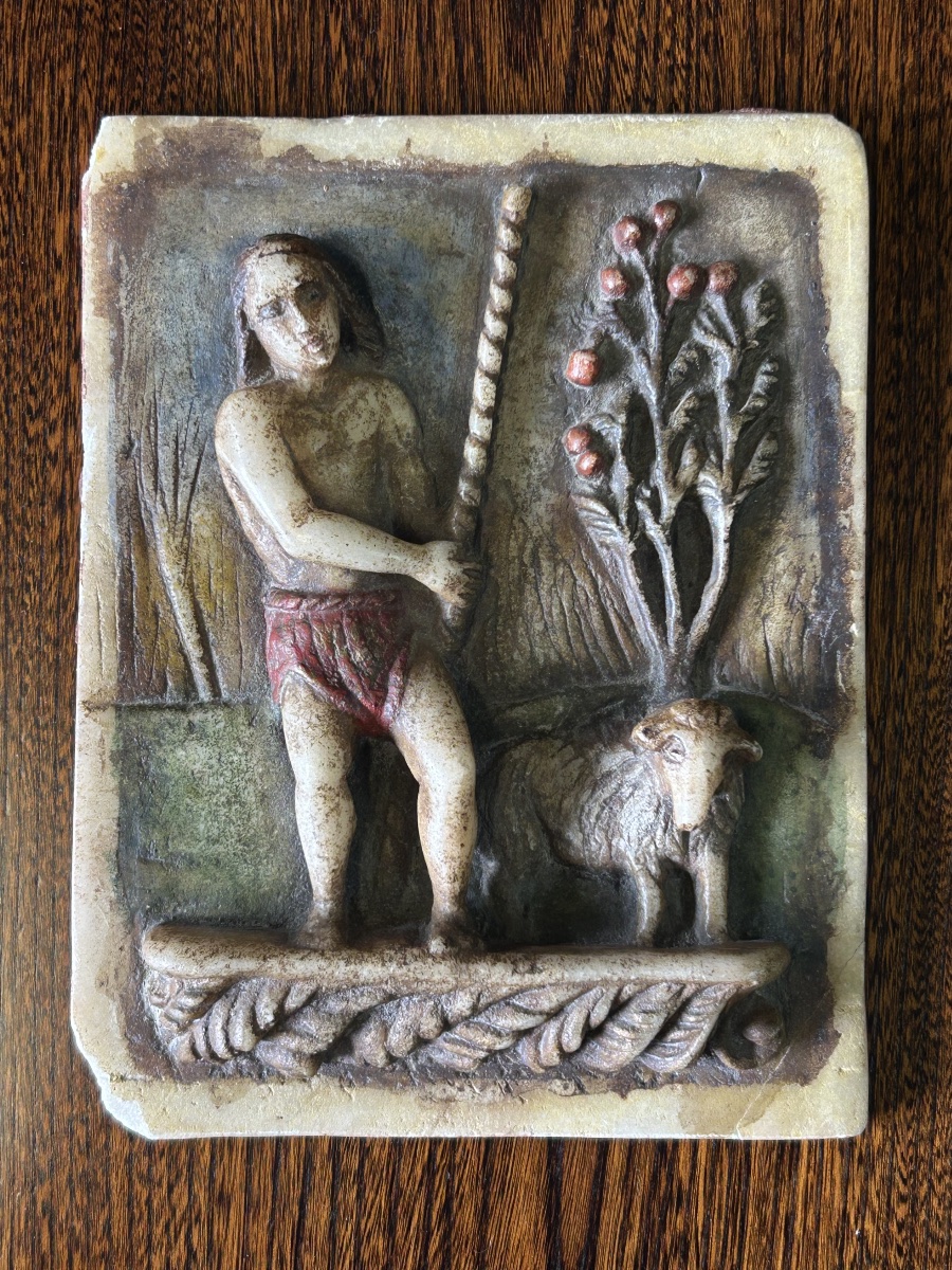 Ancienne plaque en albâtre polychrome d’époque XVIIème Saint Jean Baptiste - religion 