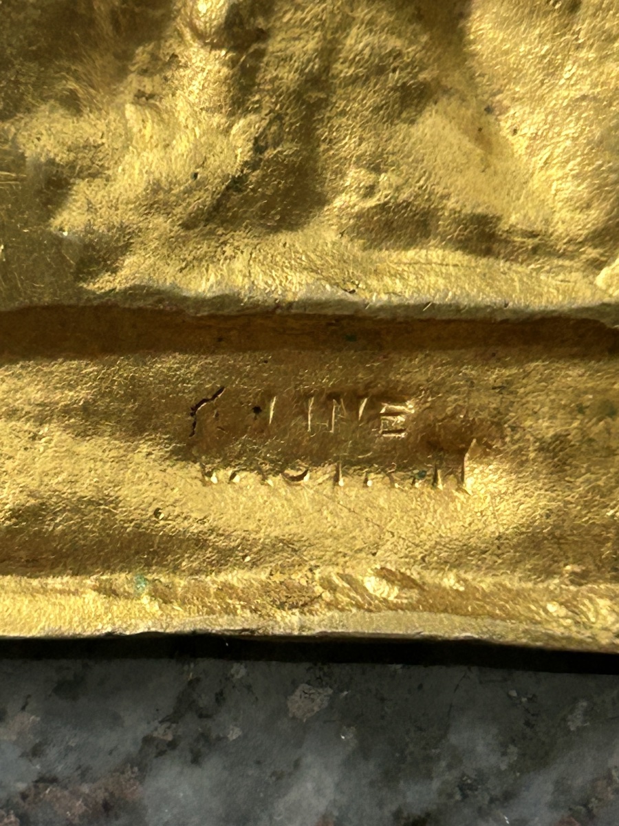 Line Vautrin - rare pendentif «  dauphins et trident « bijoux en bronze doré, circa vers 1940-photo-4