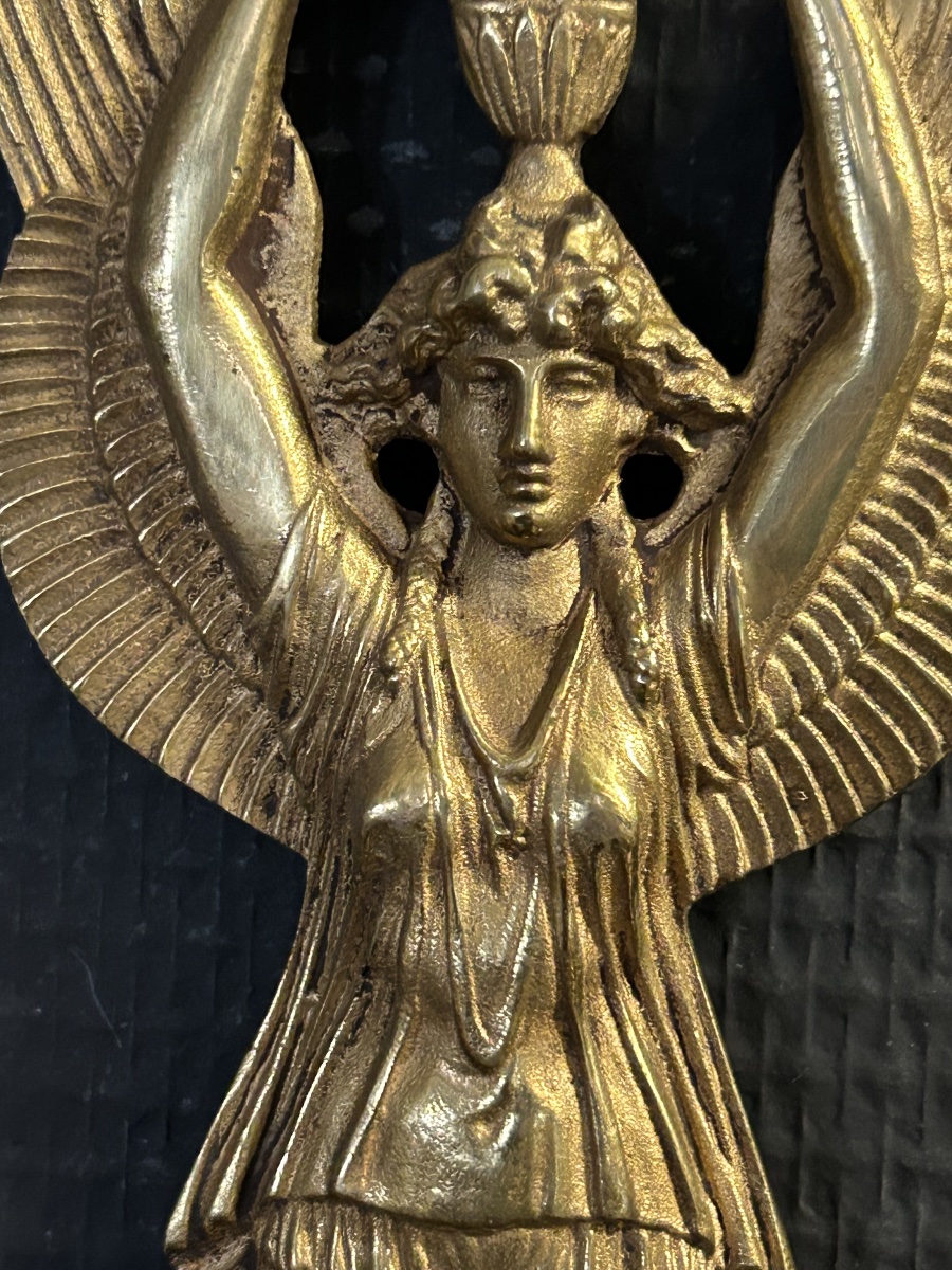 Pair Of Gilded Bronze Empire-style Wall Sconces From The Early 20th Century Featuring Winged Women-photo-4