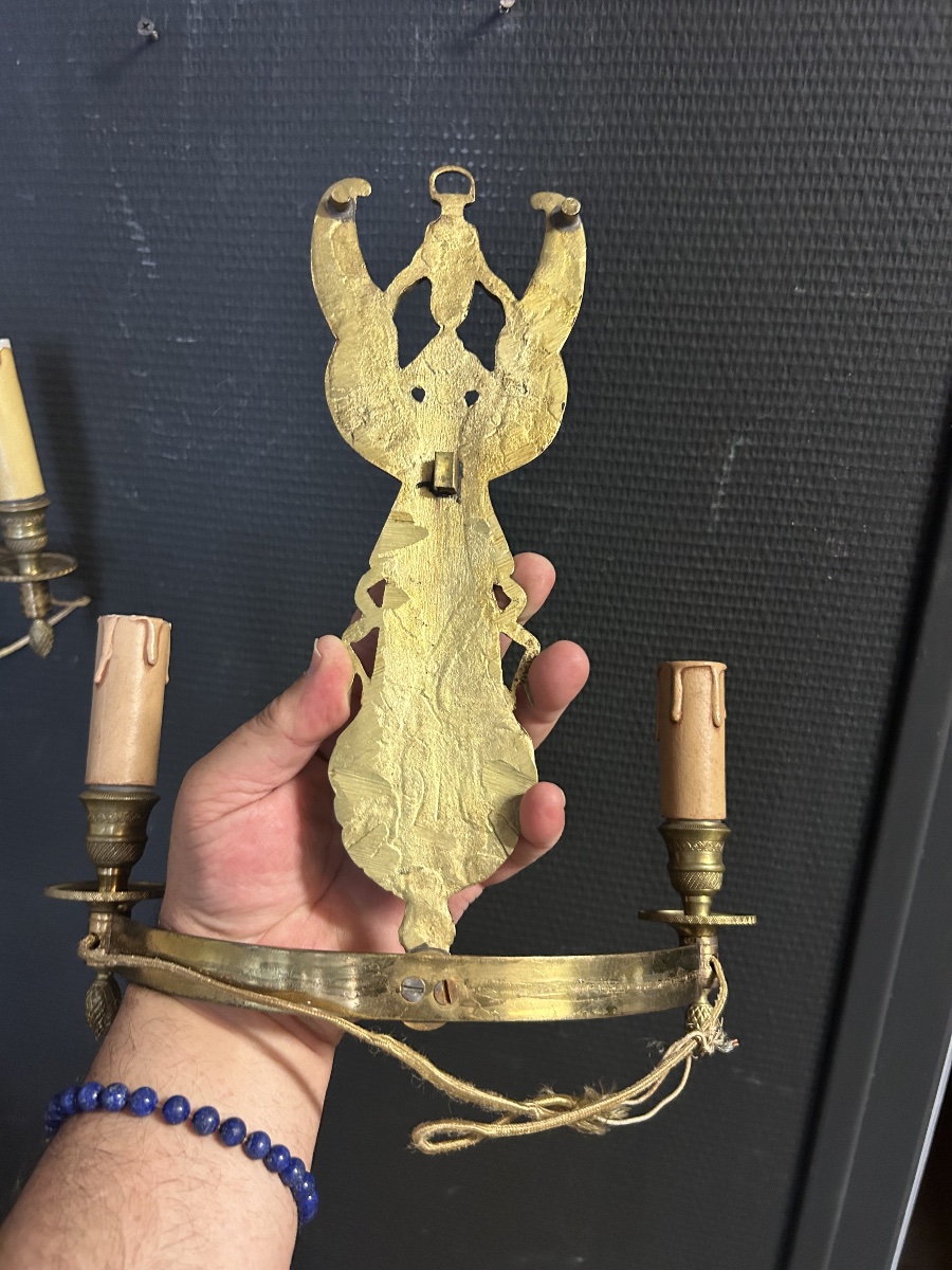Pair Of Gilded Bronze Empire-style Wall Sconces From The Early 20th Century Featuring Winged Women-photo-6