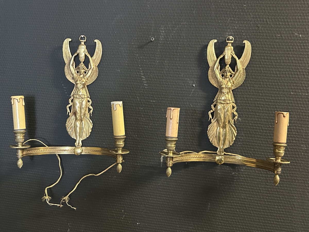 Pair Of Gilded Bronze Empire-style Wall Sconces From The Early 20th Century Featuring Winged Women