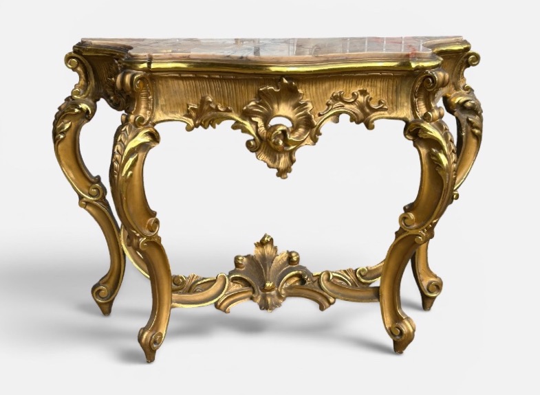 Large Italian Console Table In Gilded Wood, Louis XV Style, Late 19th Century, 158 Cm Long-photo-2