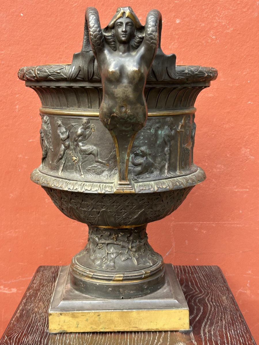 Important Antique-style Bronze Vase—grand Tour—medici Vase With Mermaid Handles, Early 19th Century-photo-3