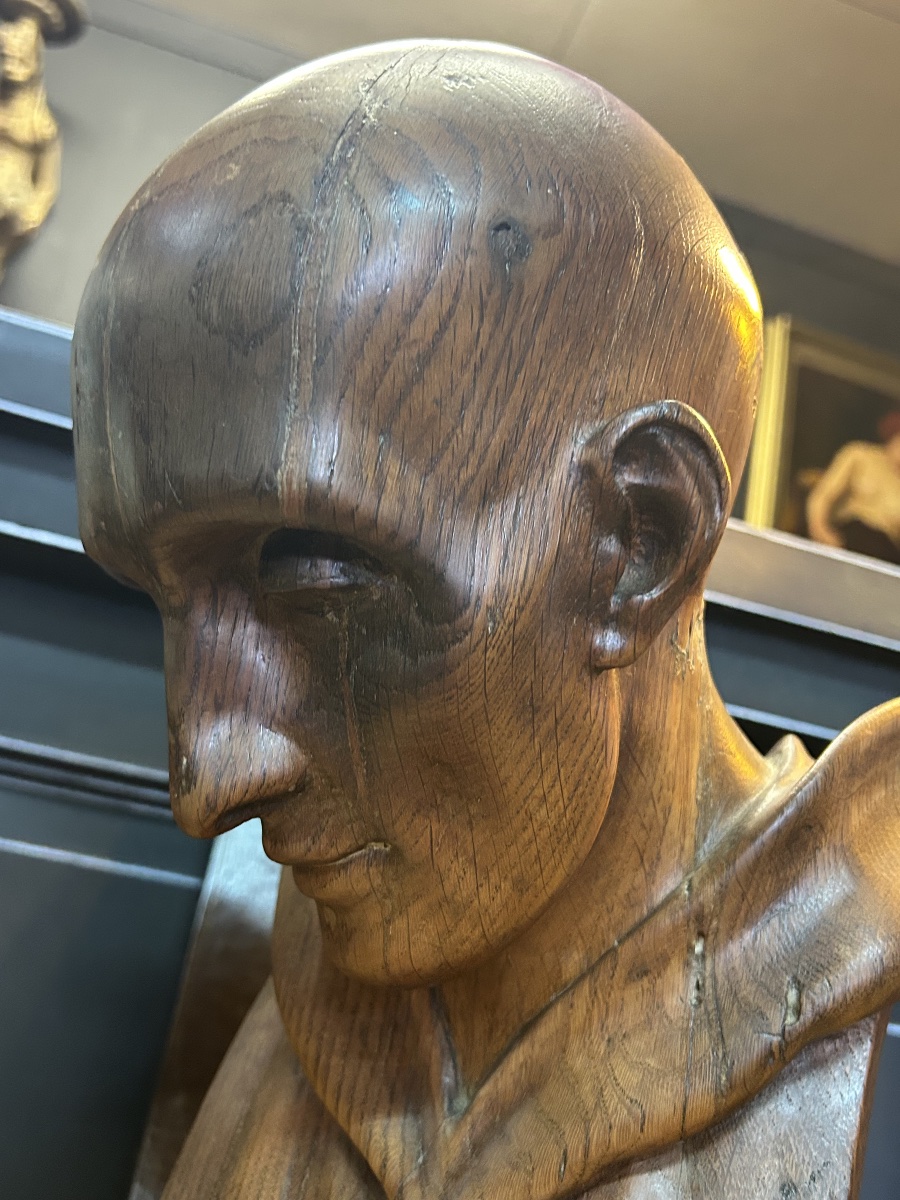D’après Jean Antoine HOUDON buste de Saint Bruno de Cologne sculpture en chêne  fin XIXème-photo-1