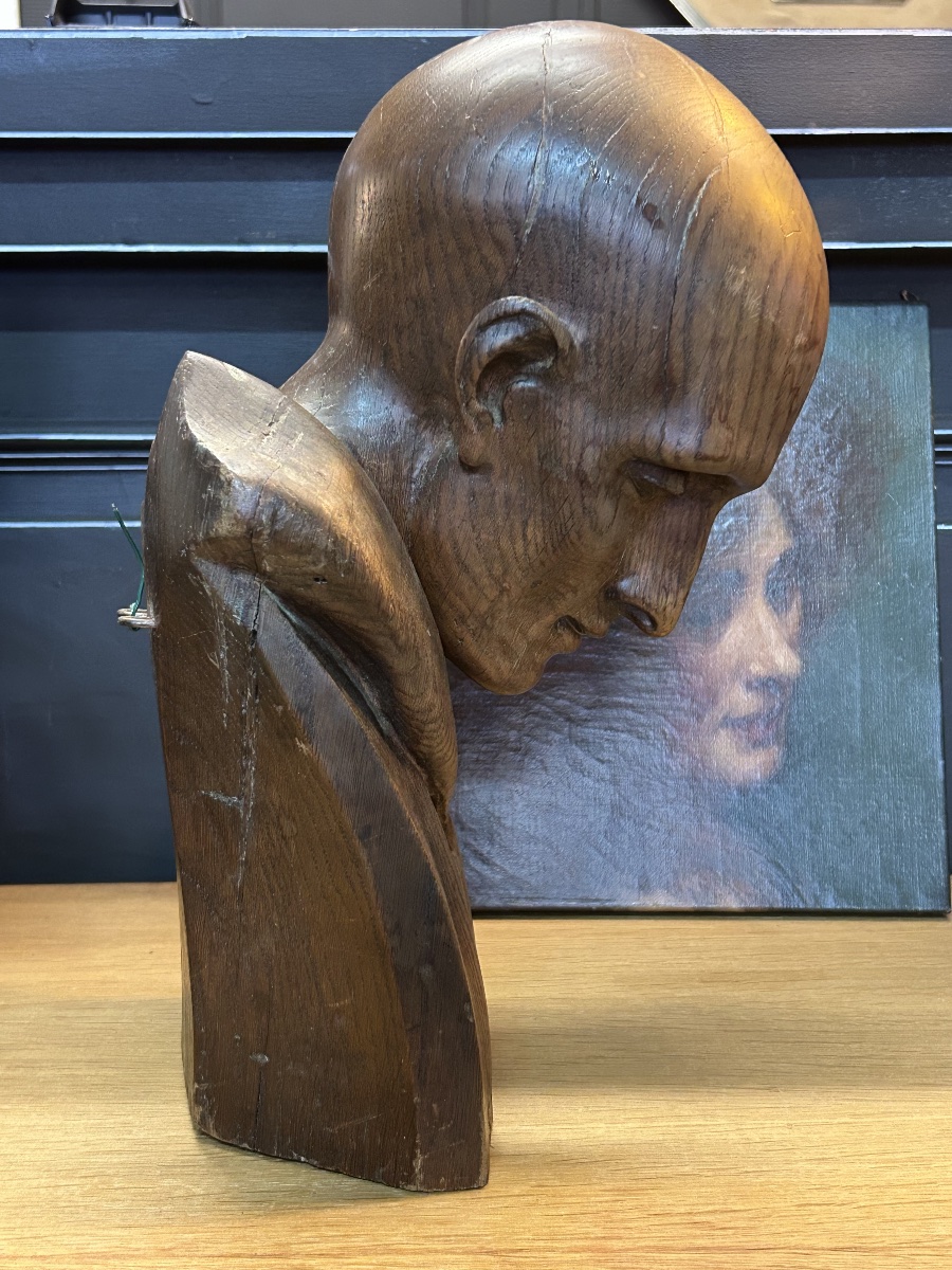 D’après Jean Antoine HOUDON buste de Saint Bruno de Cologne sculpture en chêne  fin XIXème-photo-4