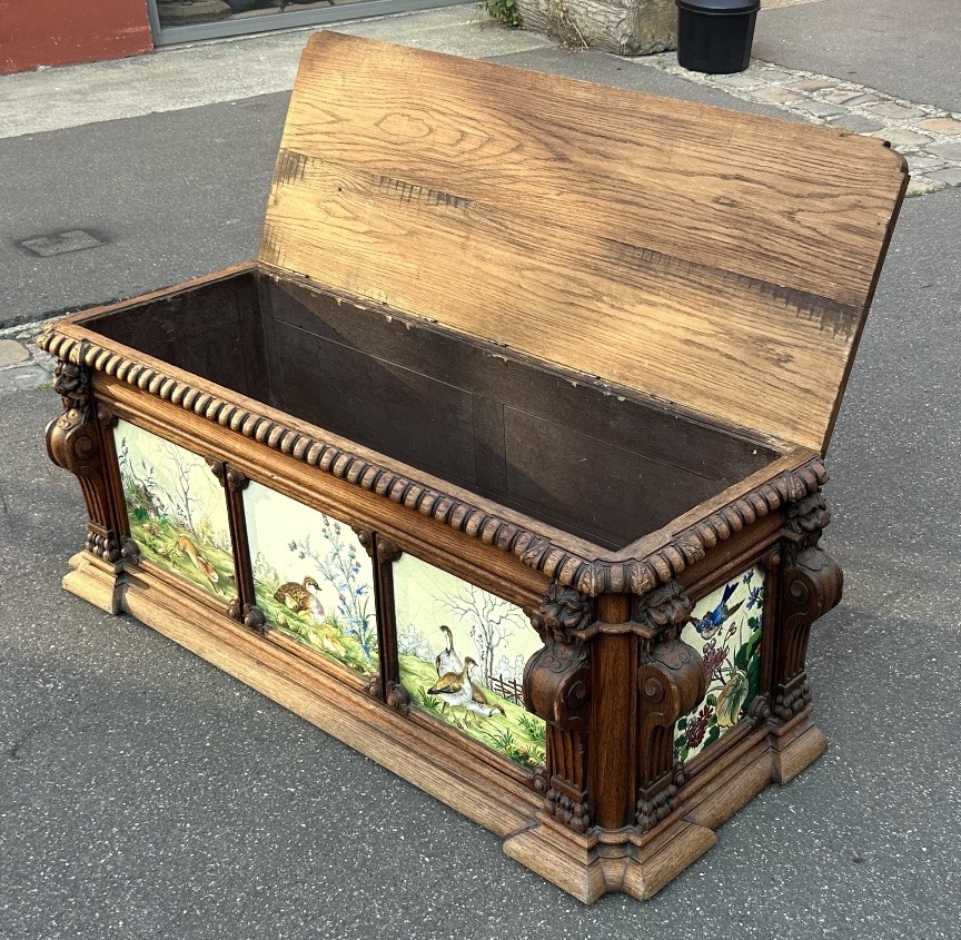 A Planter Converted Into A Chest, Featuring Longwy Enamel Tiles And An Oak Frame, Circa 1900-photo-4