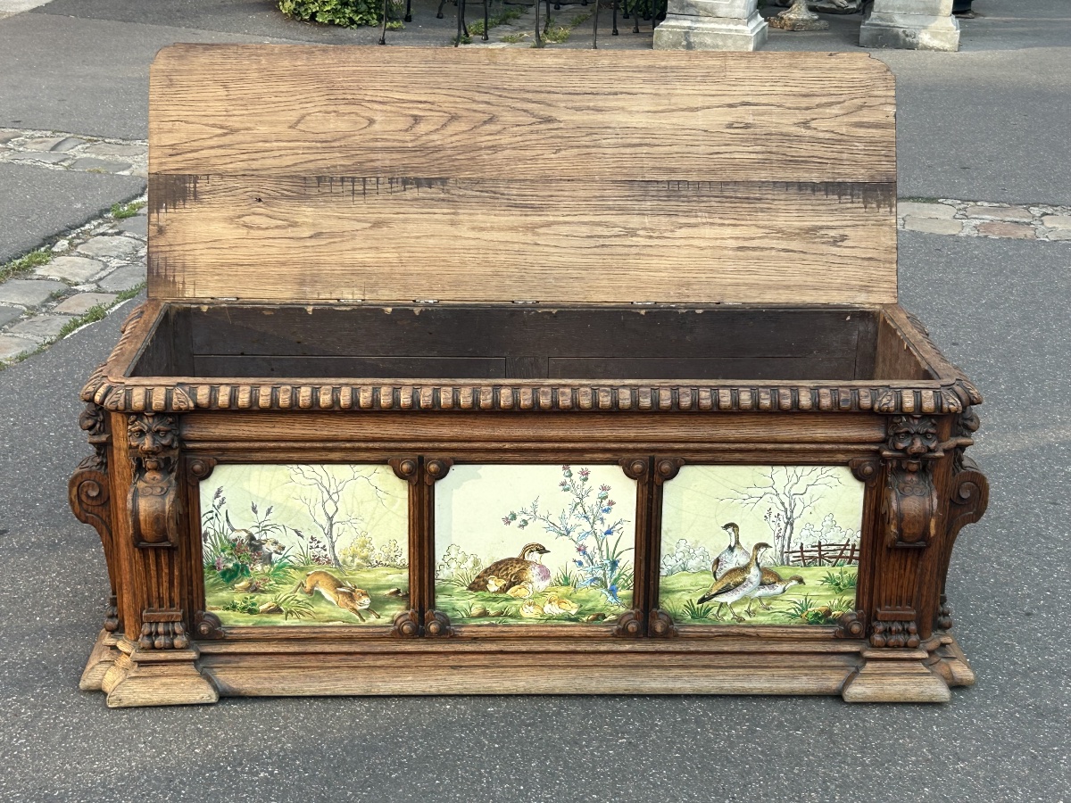 A Planter Converted Into A Chest, Featuring Longwy Enamel Tiles And An Oak Frame, Circa 1900-photo-1