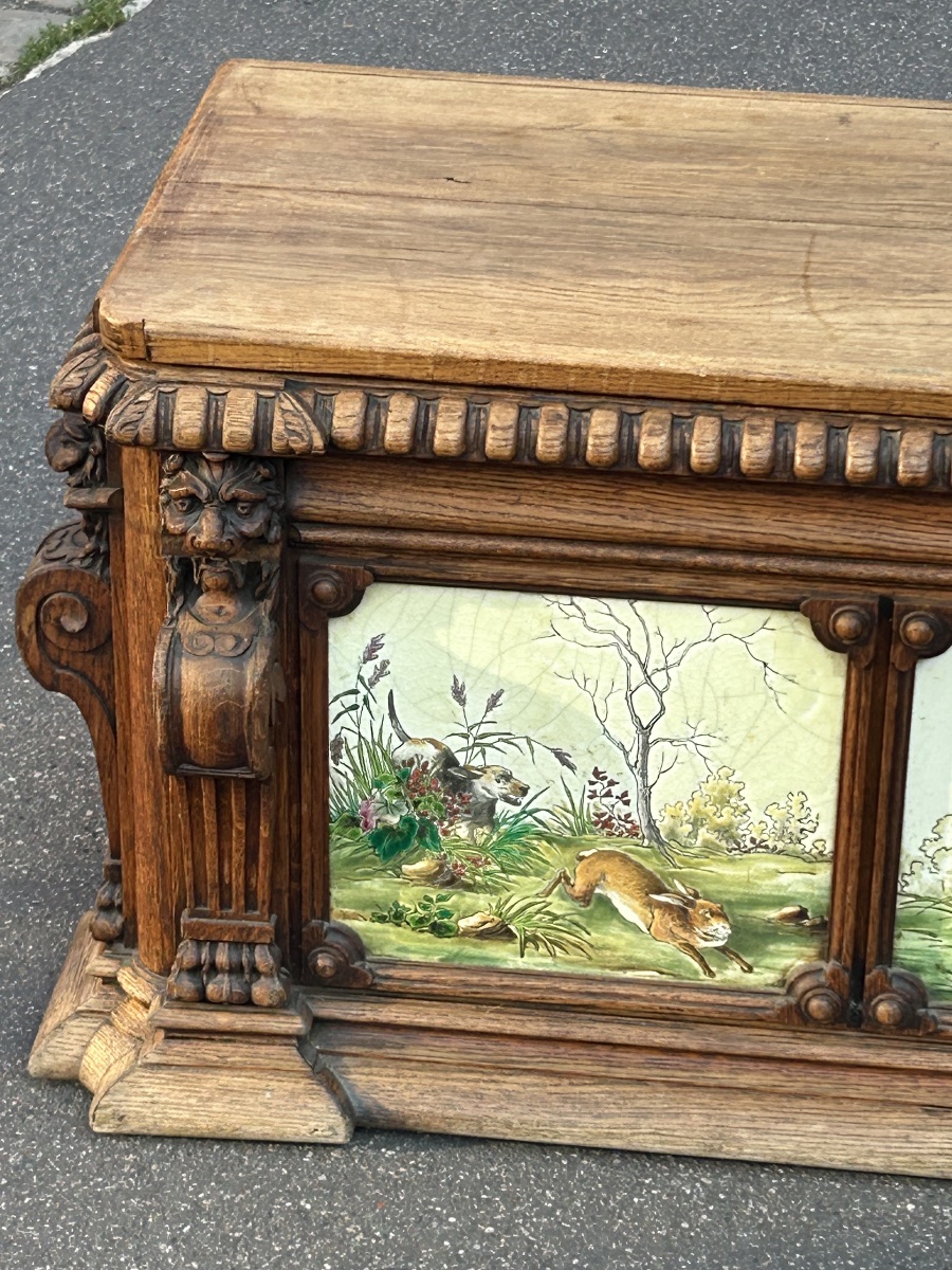 A Planter Converted Into A Chest, Featuring Longwy Enamel Tiles And An Oak Frame, Circa 1900-photo-2