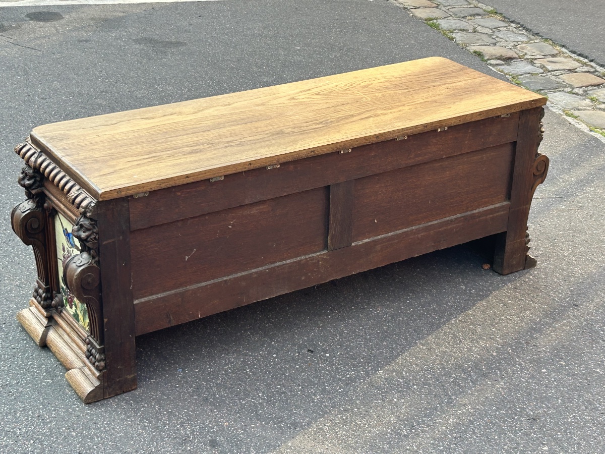 A Planter Converted Into A Chest, Featuring Longwy Enamel Tiles And An Oak Frame, Circa 1900-photo-4