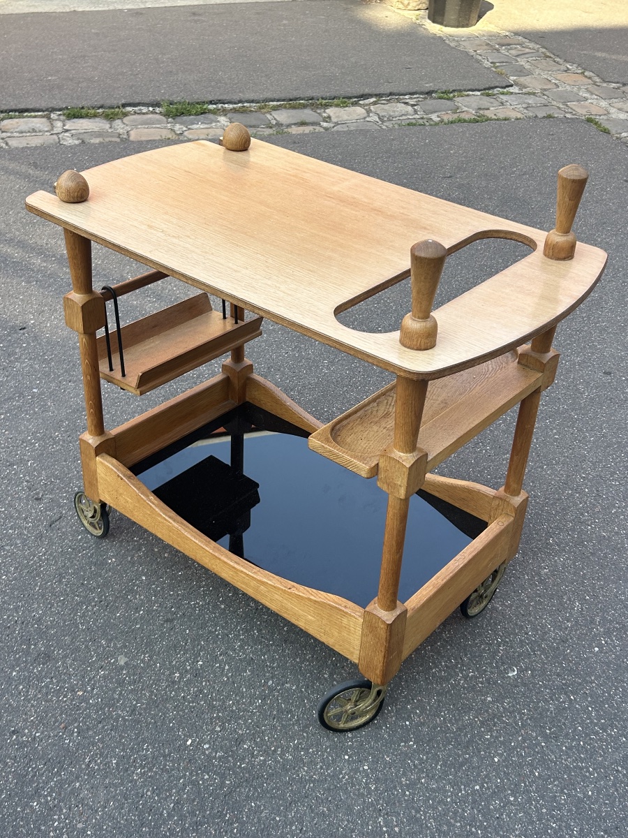 Guillerme Et Chambron - Oak Bar Cart Or Trolley, Circa 1950, On Wheels -photo-2