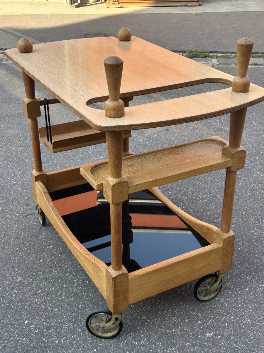 Guillerme Et Chambron - Oak Bar Cart Or Trolley, Circa 1950, On Wheels -photo-3