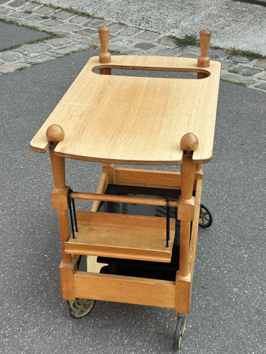 Guillerme Et Chambron - Oak Bar Cart Or Trolley, Circa 1950, On Wheels -photo-4