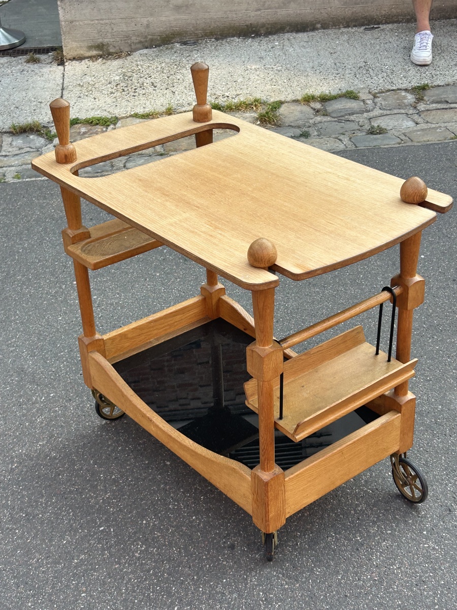 Guillerme Et Chambron - Oak Bar Cart Or Trolley, Circa 1950, On Wheels -photo-5
