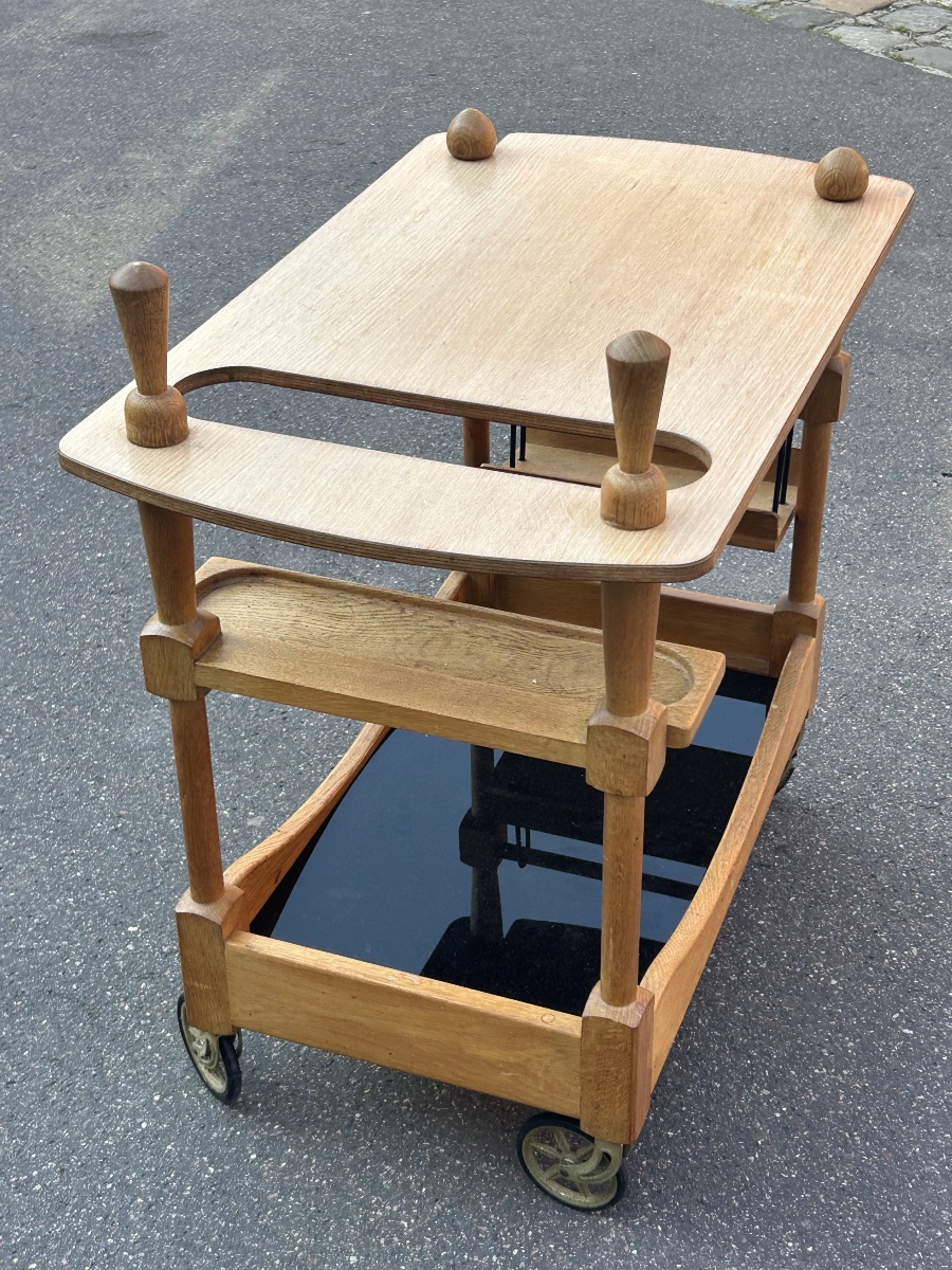 Guillerme Et Chambron - Oak Bar Cart Or Trolley, Circa 1950, On Wheels -photo-7