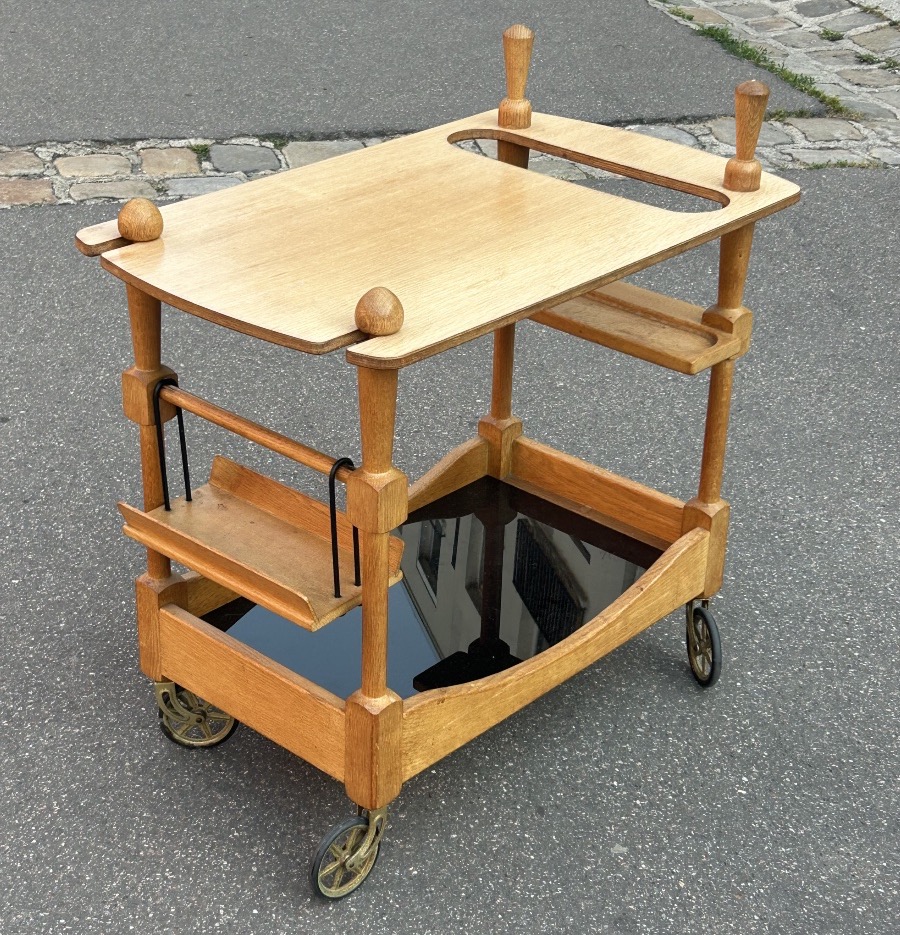 Guillerme Et Chambron - Oak Bar Cart Or Trolley, Circa 1950, On Wheels 