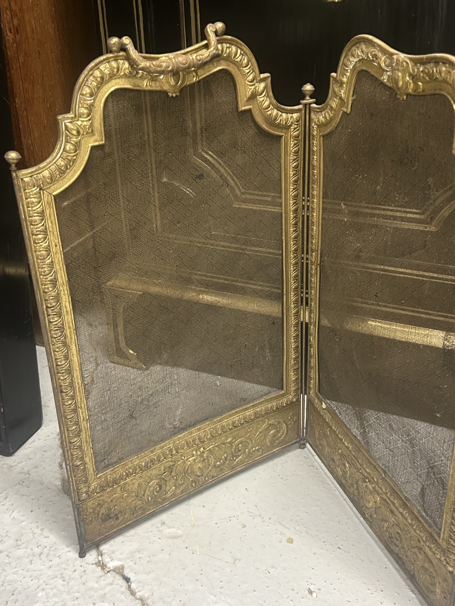Vintage Late 19th-century Louis XV-style Brass Fireplace Screen Or Spark Guard -photo-2