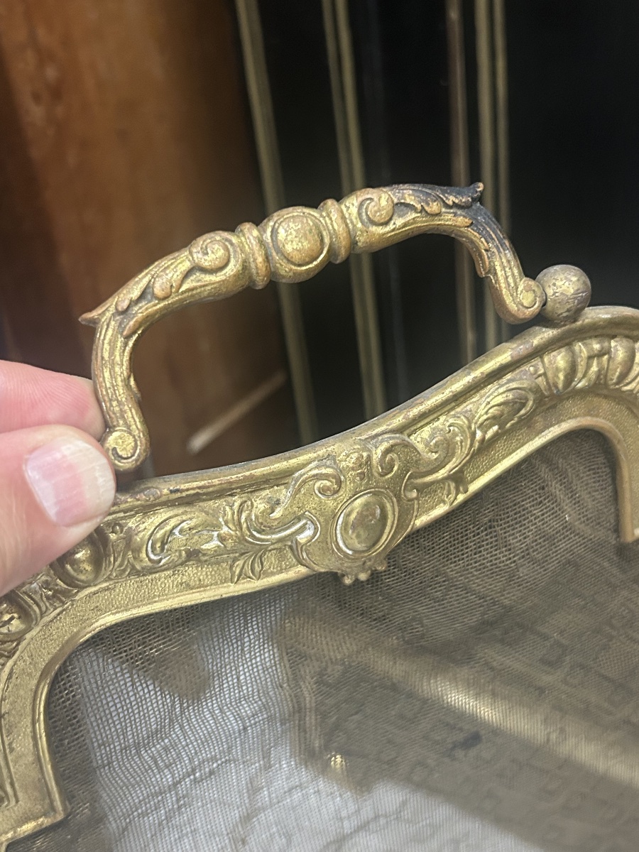 Vintage Late 19th-century Louis XV-style Brass Fireplace Screen Or Spark Guard -photo-1